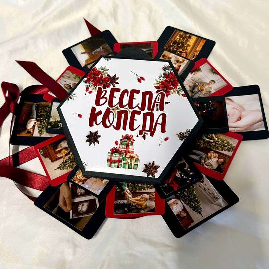 Geschenkbox mit explodierender Bilderwand