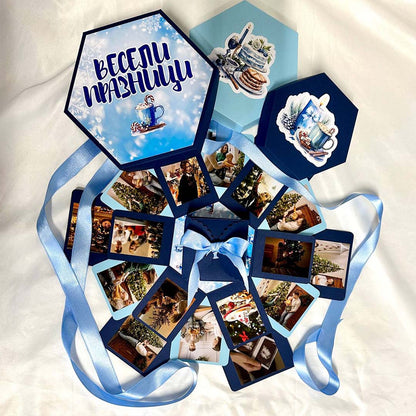 Geschenkbox mit explodierender Bilderwand