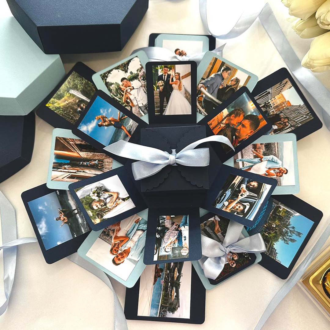 Geschenkbox mit explodierender Bilderwand