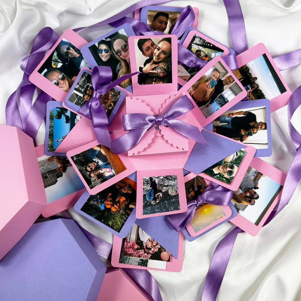 Geschenkbox mit explodierender Bilderwand